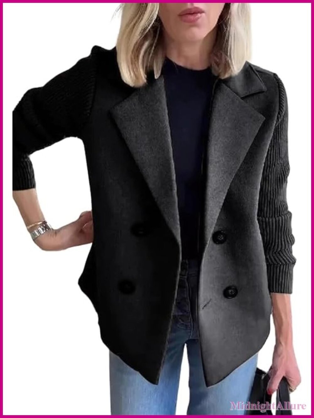 Wool Blend Cropped Pea Coat Notch Lapel Double Breasted Knit Sweater Blazer